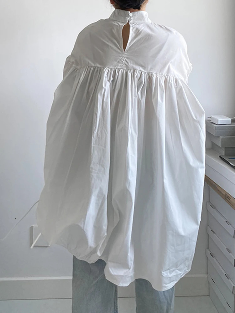 EAM Women Irregular Drawstring Big Size White Blouse Stand Collar Long Sleeve Shirt Fashion Spring Autumn 1DA988 240704