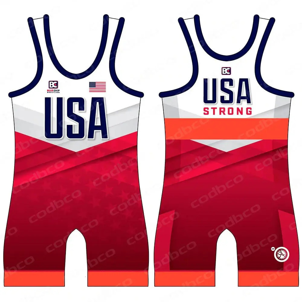 The USA Wrestling Singlets Suit Boxing One Piece Bodysuit Mens Gym Sports Elasticity Fitness Sleeveless Weightlifting Skinsuit 240711