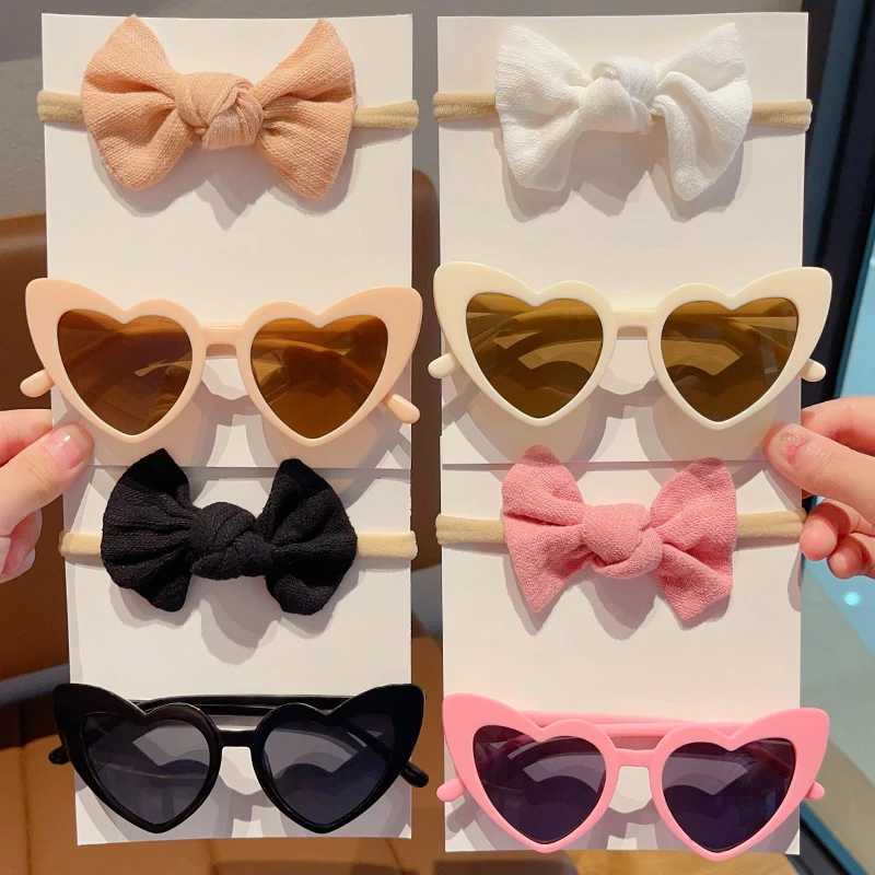 Sunglasses 2 Pcs/Set Boys Girls Fashion Special Heart Sunglasses UV400 Cute Colors Soft Bowknot Headbands Set Lovely Kids Hair Accessories