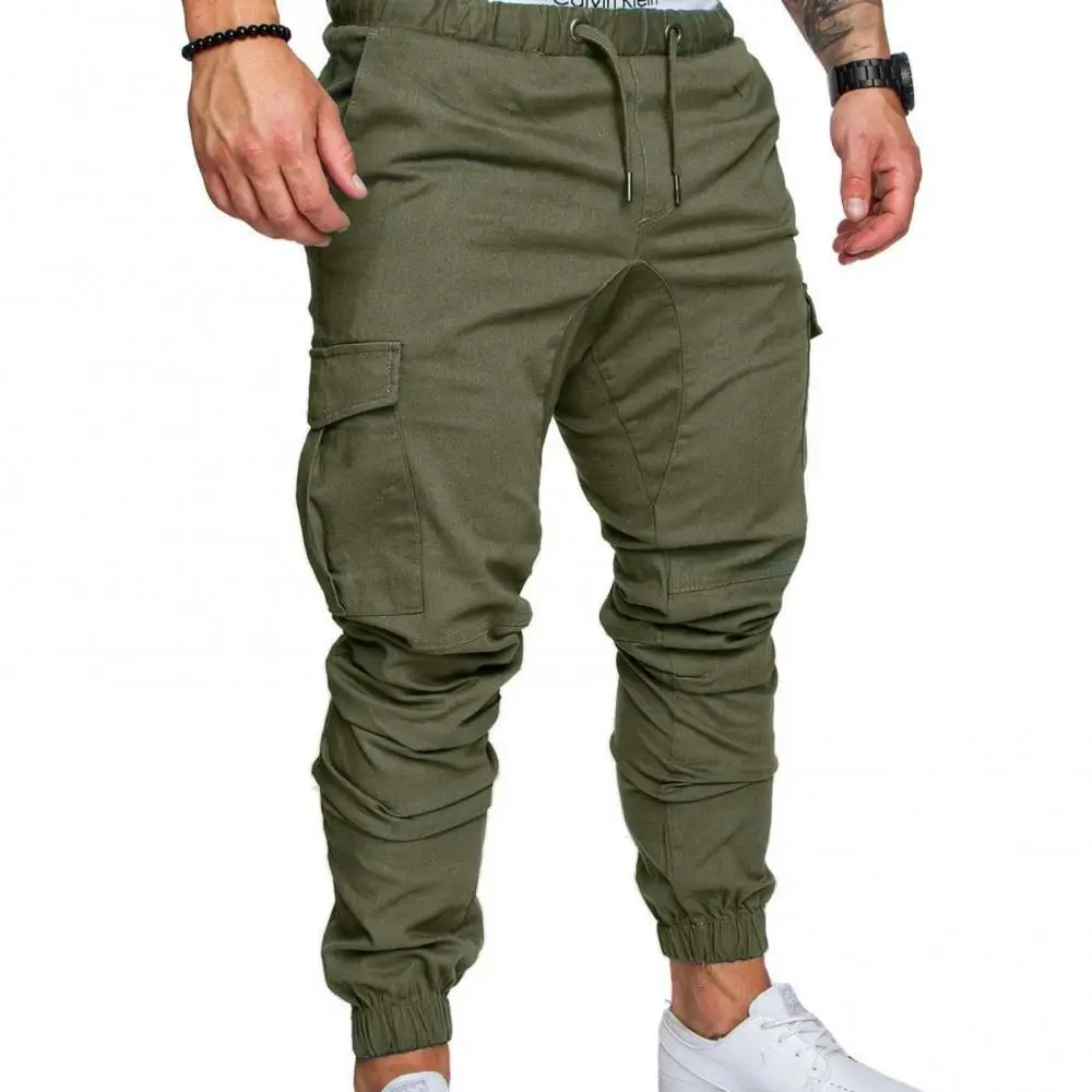 Men Casual Solid Color Pockets Waist Drawstring Ankle Tied Skinny Cargo Pants Work Trousers Outdoor Hiking Joggers Pant 240620