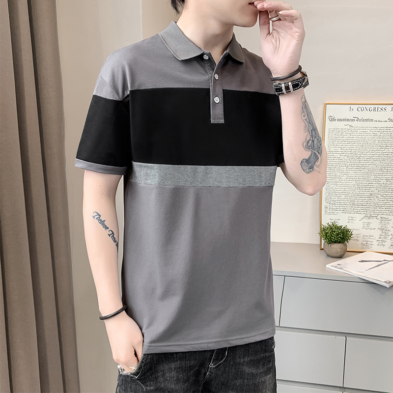 Polo for summer fashion label color blocking flip short T-shirt with ice silk feeling shirt collar casual half sleeved men's