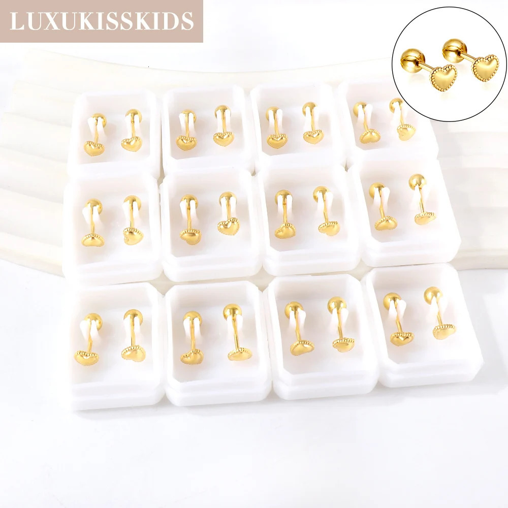 LUXUKISSKIDS Tiny Stud Earrings For Children Tiny Heart Shape Wholesale Screw Pack Piercing 12pairs/Lots Jewelry Small Business 240710