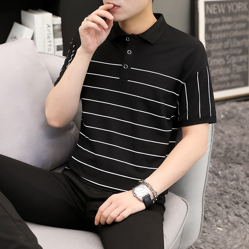 Mesh eyed cotton elastic half sleeved POLO shirt for men's summer casual color contrast striped T-shirt