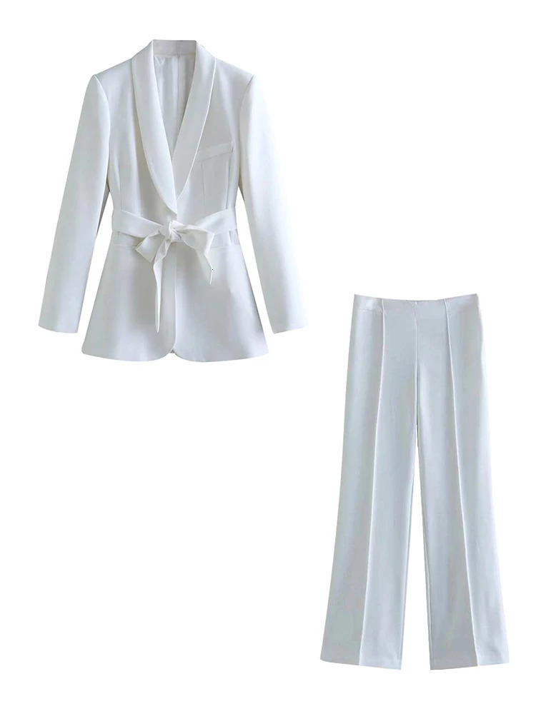 ZBZA Womens Fashion Suit Retro LongSleeved VNeck Belt Blazer HighWaisted WideLegged Pants Elegant Office Set 240712