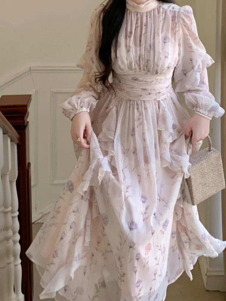 French Vintage Floral Print Chiffon Midi Dresses For Women Ruffles Patchwork High Waist Fairy Office Ladies Elegant Robe 240712