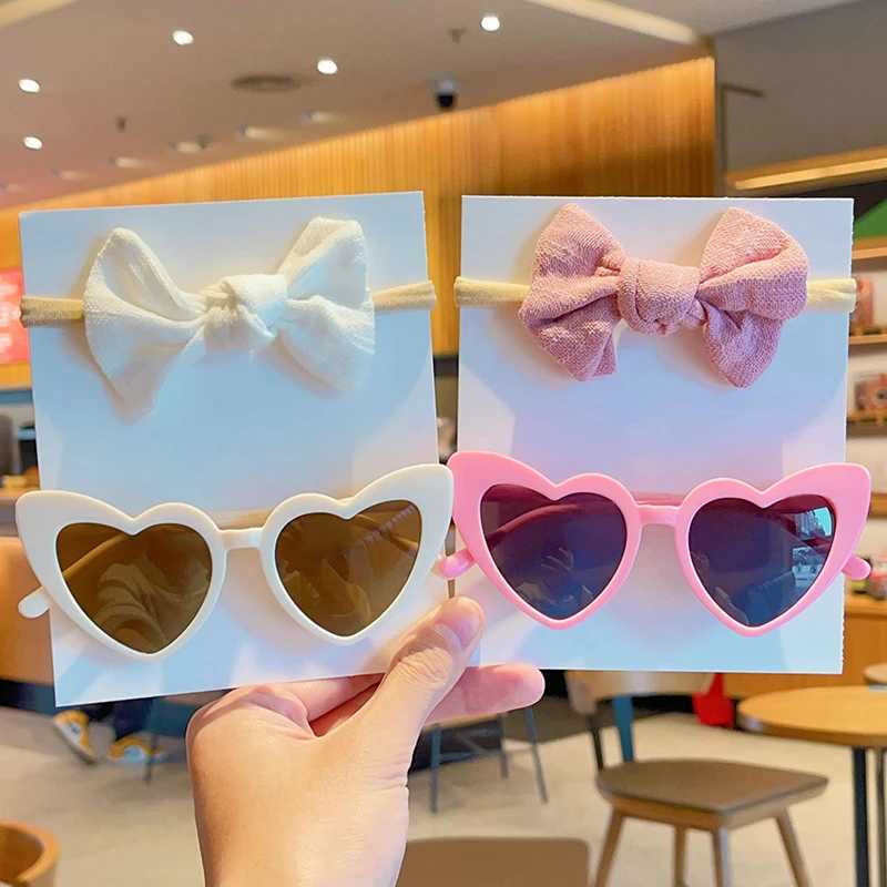 Sunglasses 2 Pcs/Set New Children Fashion Colors Special Heart Sunglasses UV400 Soft Bowknot Headbands Headwear Set Lovely Hair Accessories