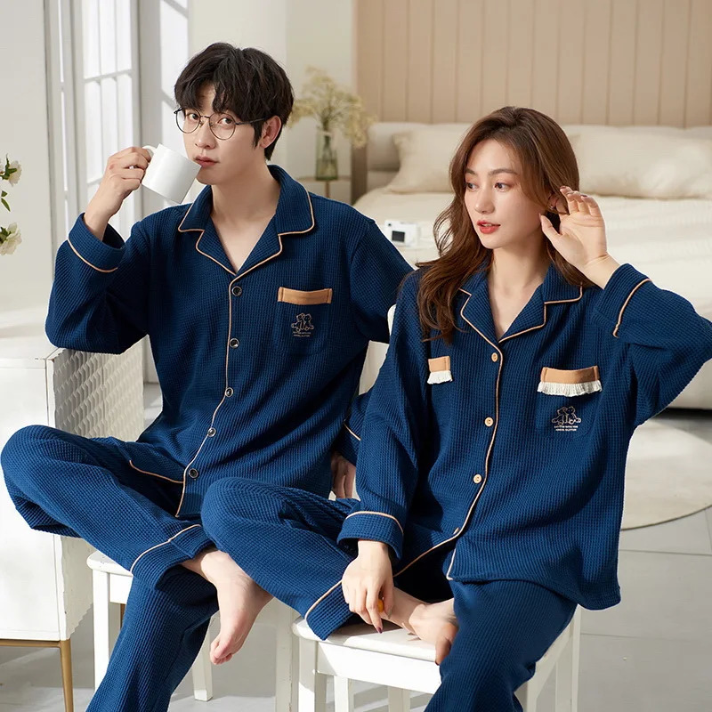 Cotton Sleepwear For Couples Korean Cardigan Men Pijamas Women Pajamas Set Long Sleep Tops Pant Nightwear Pjs pareja hombre 240713