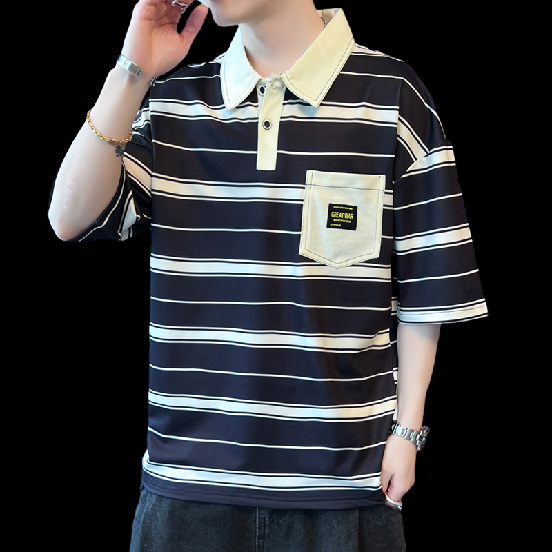 Striped POLO shirt 2024 summer Korean loose fitting clothing, trendy student short sleeved T-shirt for men's clothing