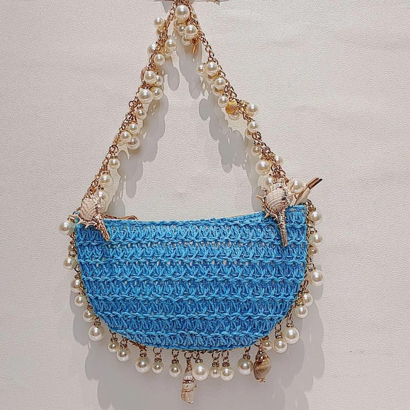 Free Shipping Hobo Summer Versatile Pearl Conch Straw Bag Fashion Shoulder Bags For Women Woven Handbags Beach Seaside Purse