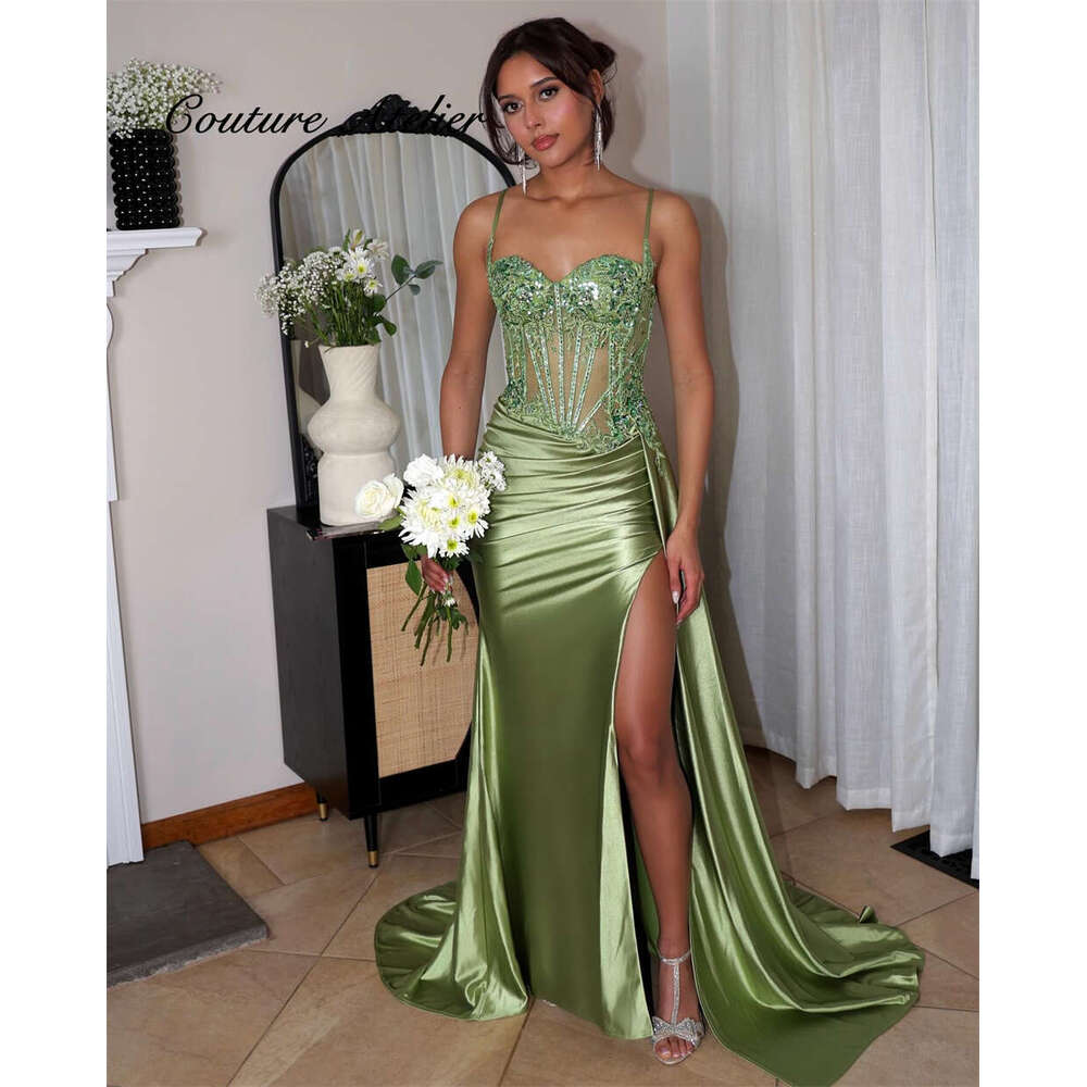 Green Sage Spaghetti High Split Prom Dresses For Black Girls Mermaid Elegant Dress Special Party Formal Gowns Satin Arabic Mal