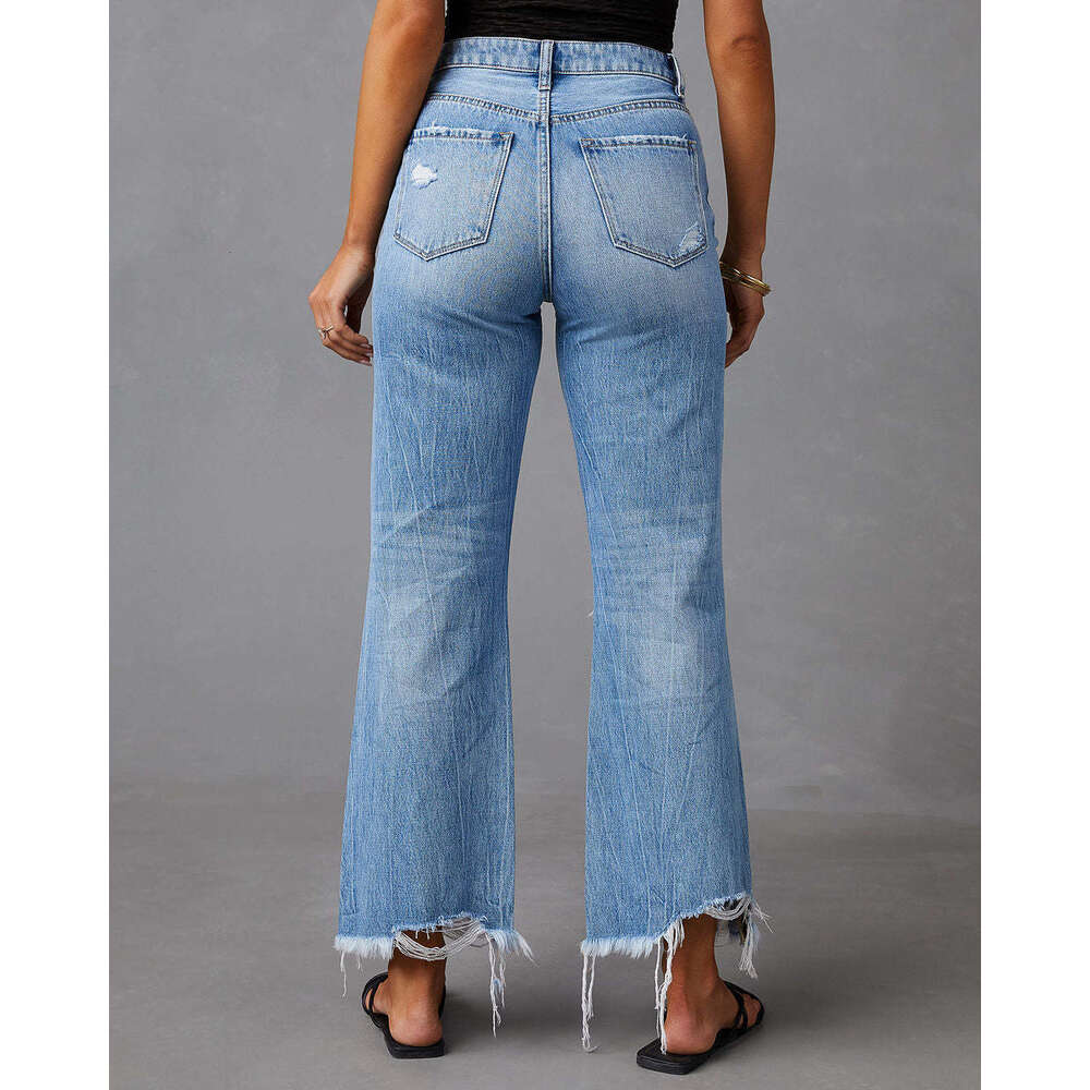 2024 New Wide-leg Pants Women's Tassels Washed Ripped Holes Long Jeans Straight-leg Casual Trousers for Women