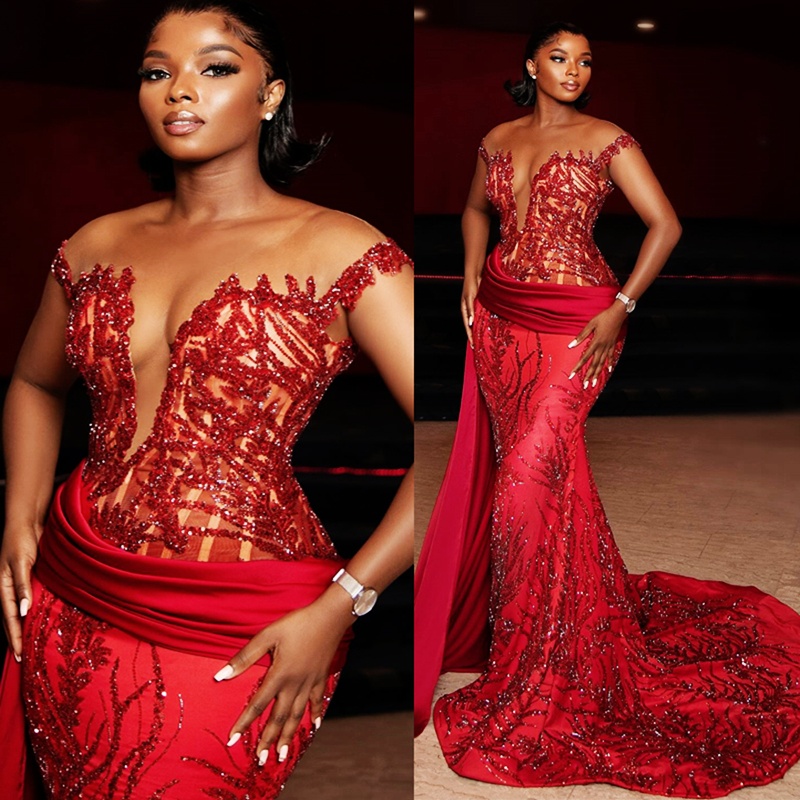 2024 Aso Ebi Red Prom Dresses For Special Occasions Mermaid Promdress Evening Formal Dresses Beaded Lace Illusion Short Sleeves Second Reception Gowns