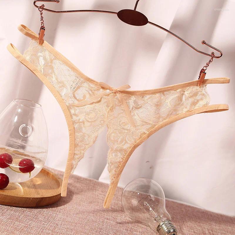 Women's Panties Sexy Lingerie Crotch Opening Transparent G-strings Thongs Solid Bowknot Underwear For Ladies Women Lace Pantys