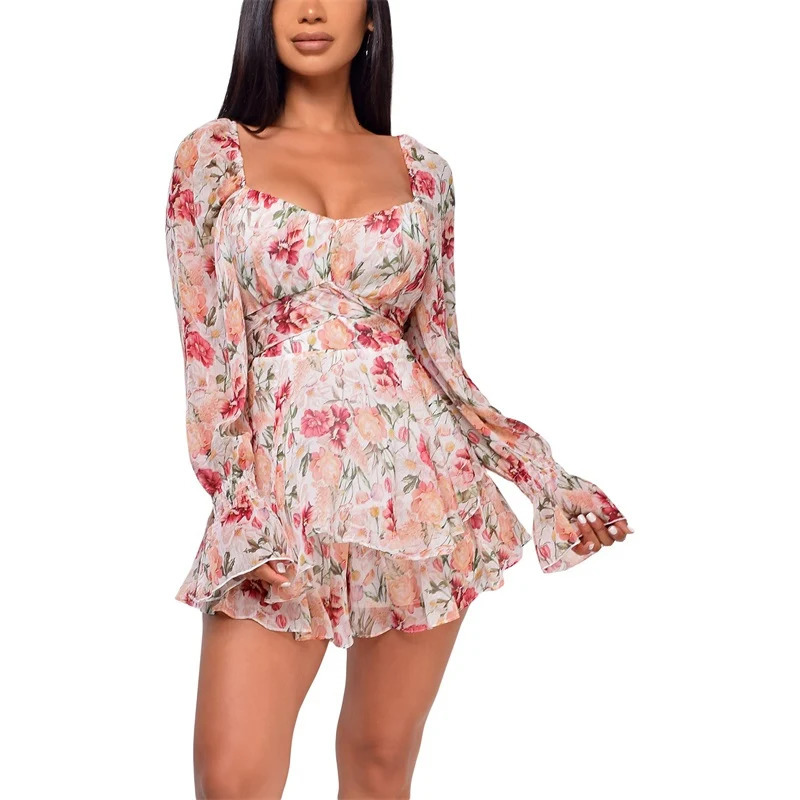 Womens Sexy Square Collar Backless Jumpsuit Fashion Flower Bandage High Waist Long Sleeve Playsuit 240712