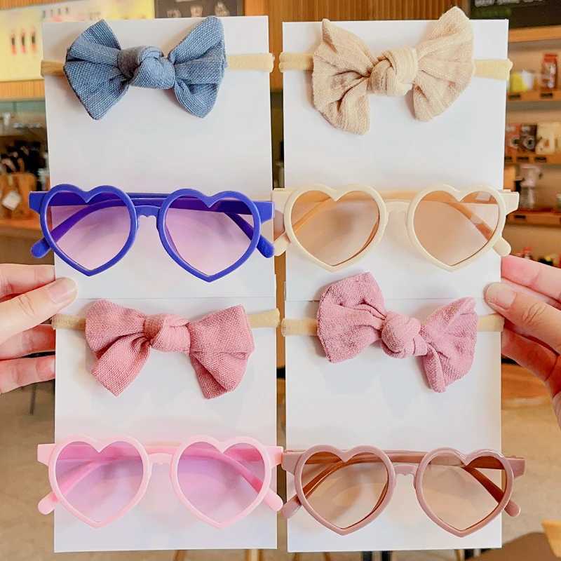 Sunglasses 2 Pcs/Set New Girls Lovely Solid Color Cotton Bowknot Hairband Heart Shape Outdoor Acrylic Sunglasses Set Kids Hair Accessories