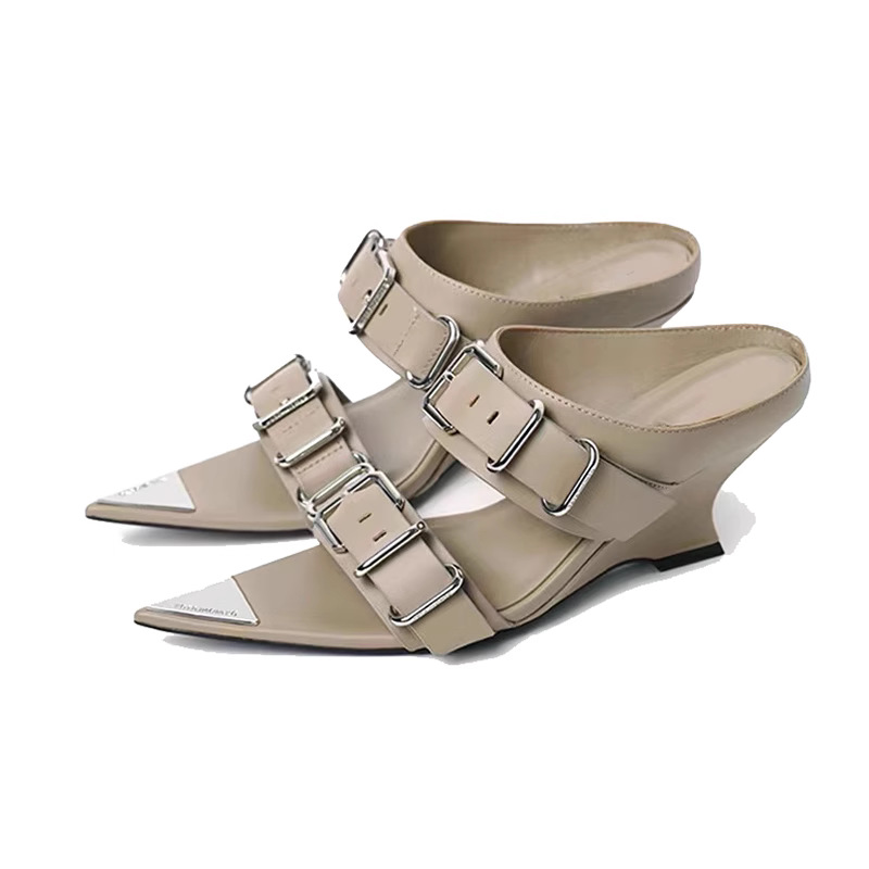 niche high-end pointed out New high-heeled slippers with metal belt buckle and punk wedge heel sandals Lhshoe sals