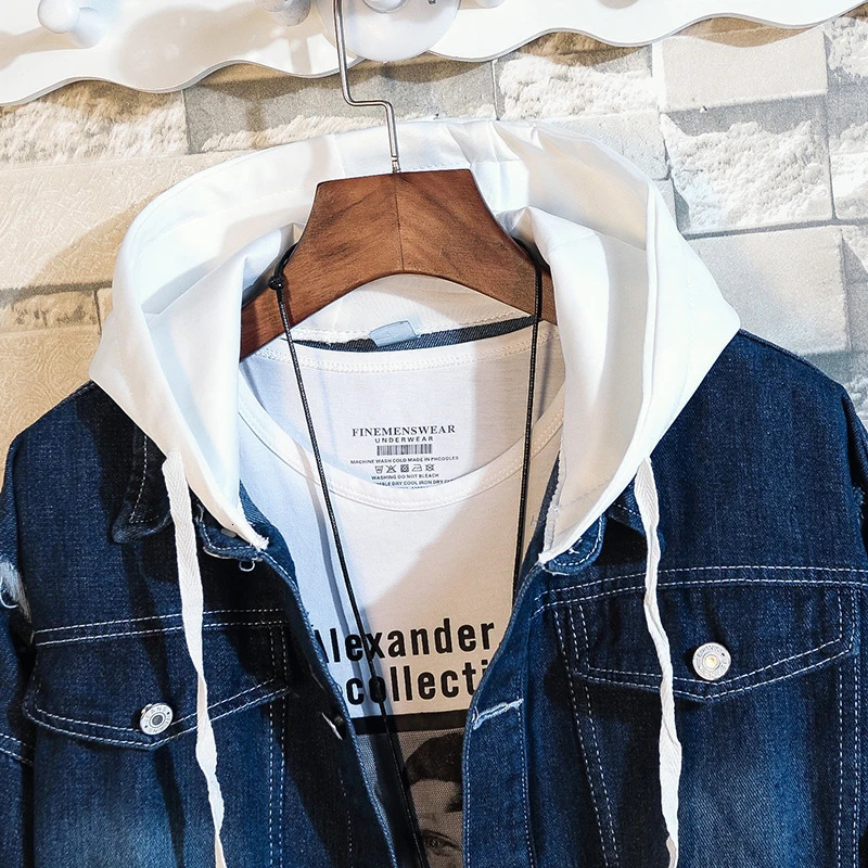 Men Denim Jacket Streetwear Hip Hop Mens Hooded Jean Jackets Male Casual Loose Outerwear Spring Fashion Slim Fit Coat 240712