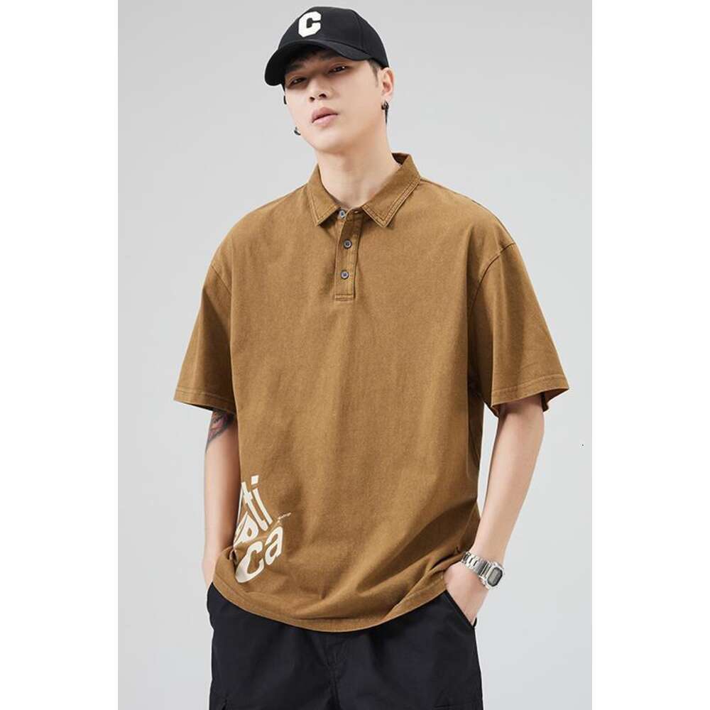 2023 Summer New Printed Short sleeved Shirt Trendy Brand Wash Pure Cotton Polo Collar T-shirt for Men