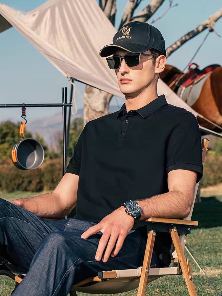 Yuncang Flash Hair 2024 Short sleeved T-shirt No Trace Thin Edition Business Collar Men's Polo Shirt Double Split