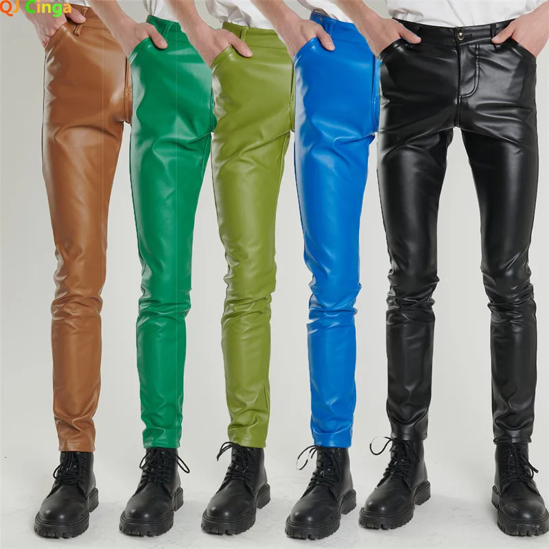 16 colors Biker Leather Pants Mens Fashion Slim Stretch PU Pants Red Blue Black Gray Men Pant Plus Size 28-36 38 40 240712