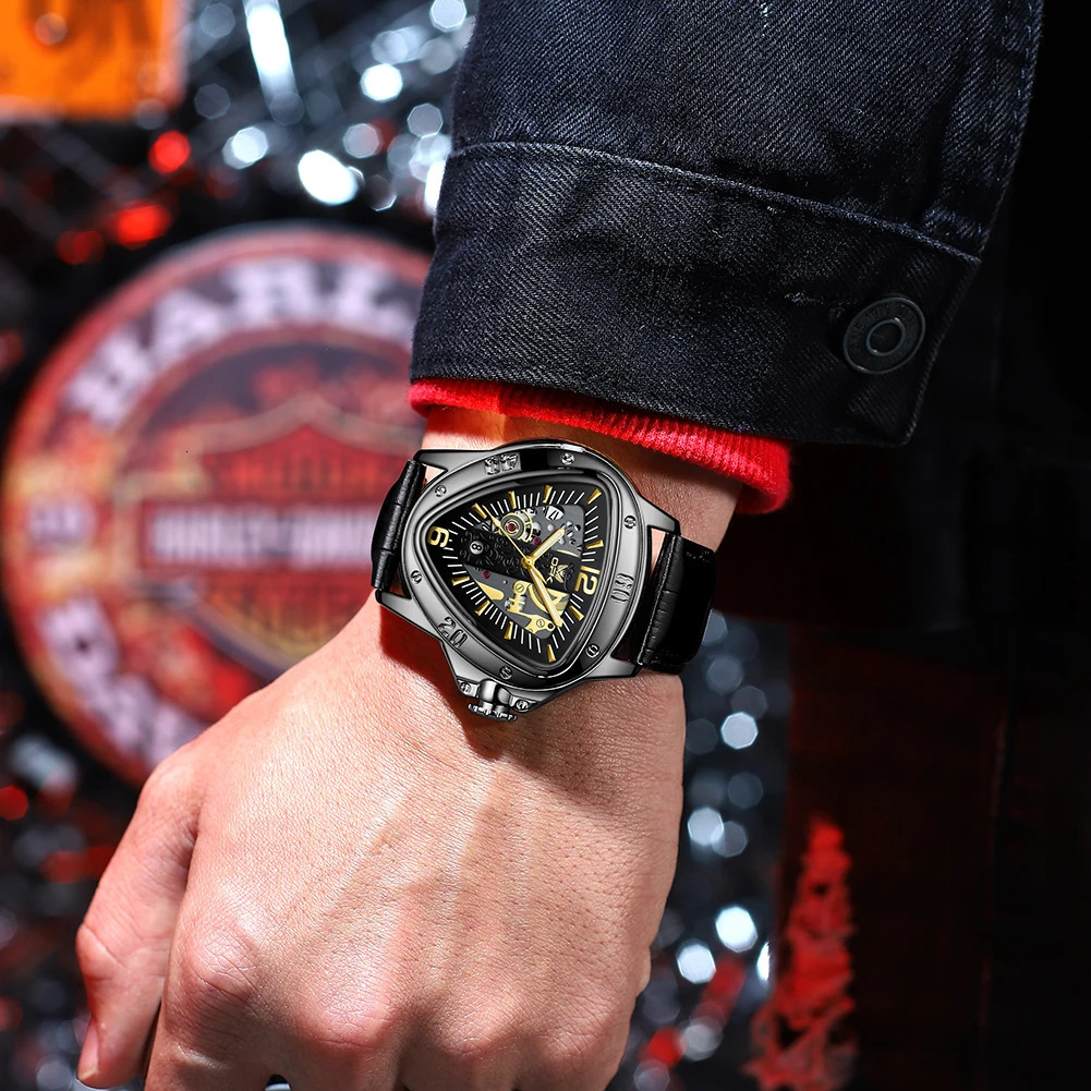 OPK Trend Fashion Mens Watches Triangle Dial Original Quartz Wristwatch Waterproof Leather Strap Luminous Date Watch for Man 240709