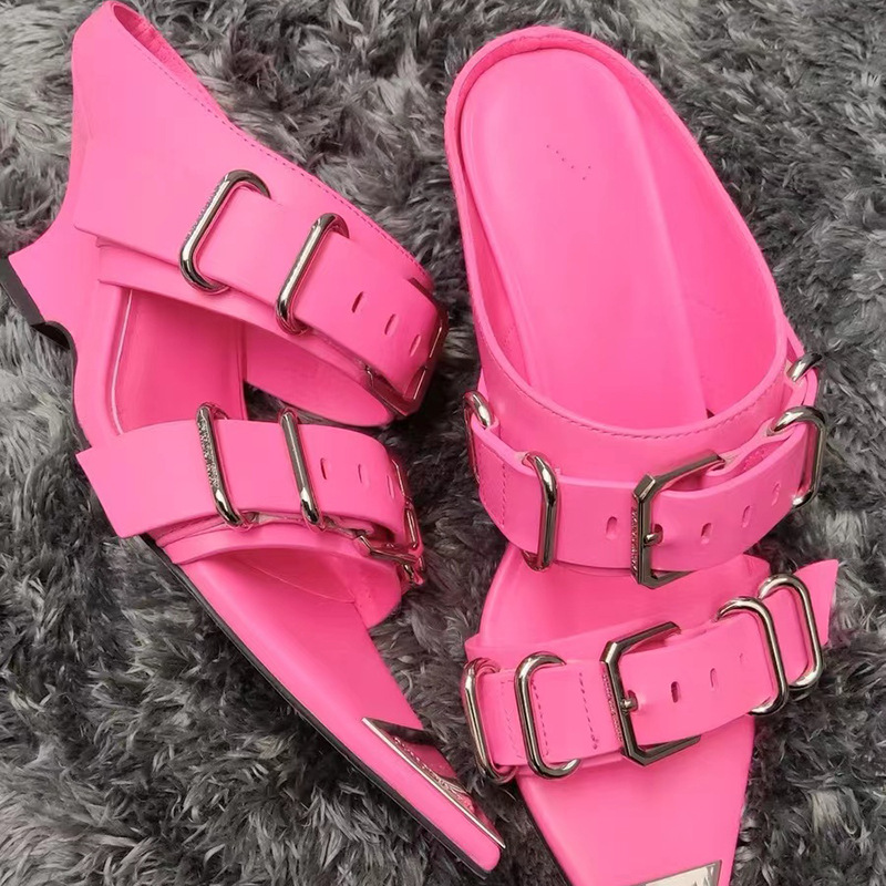 niche high-end pointed out New high-heeled slippers with metal belt buckle and punk wedge heel sandals Lhshoe sals