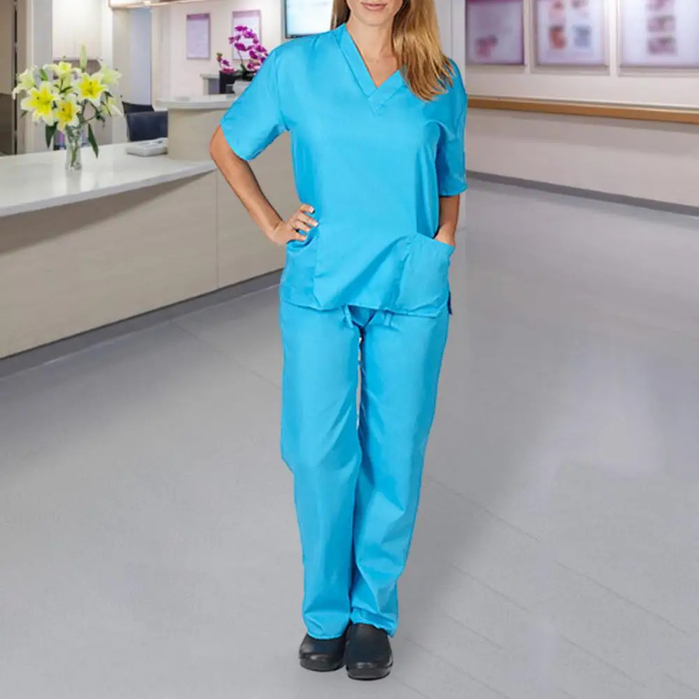 Nurse Outfit Professional V-neck Nurse Uniform Set for Salon Spa Pet Grooming Solid Color Short Sleeve Tops Pants for Work 240715