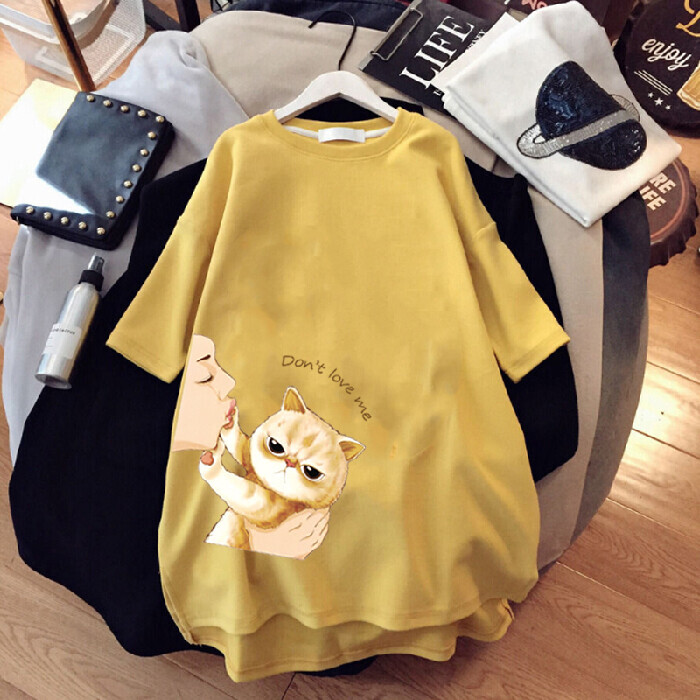 kkli Women's Summer Blouse Cute Cat Short-Sleeve T-Shirt Fashion Round Neck Dress Student Tees / Clothes