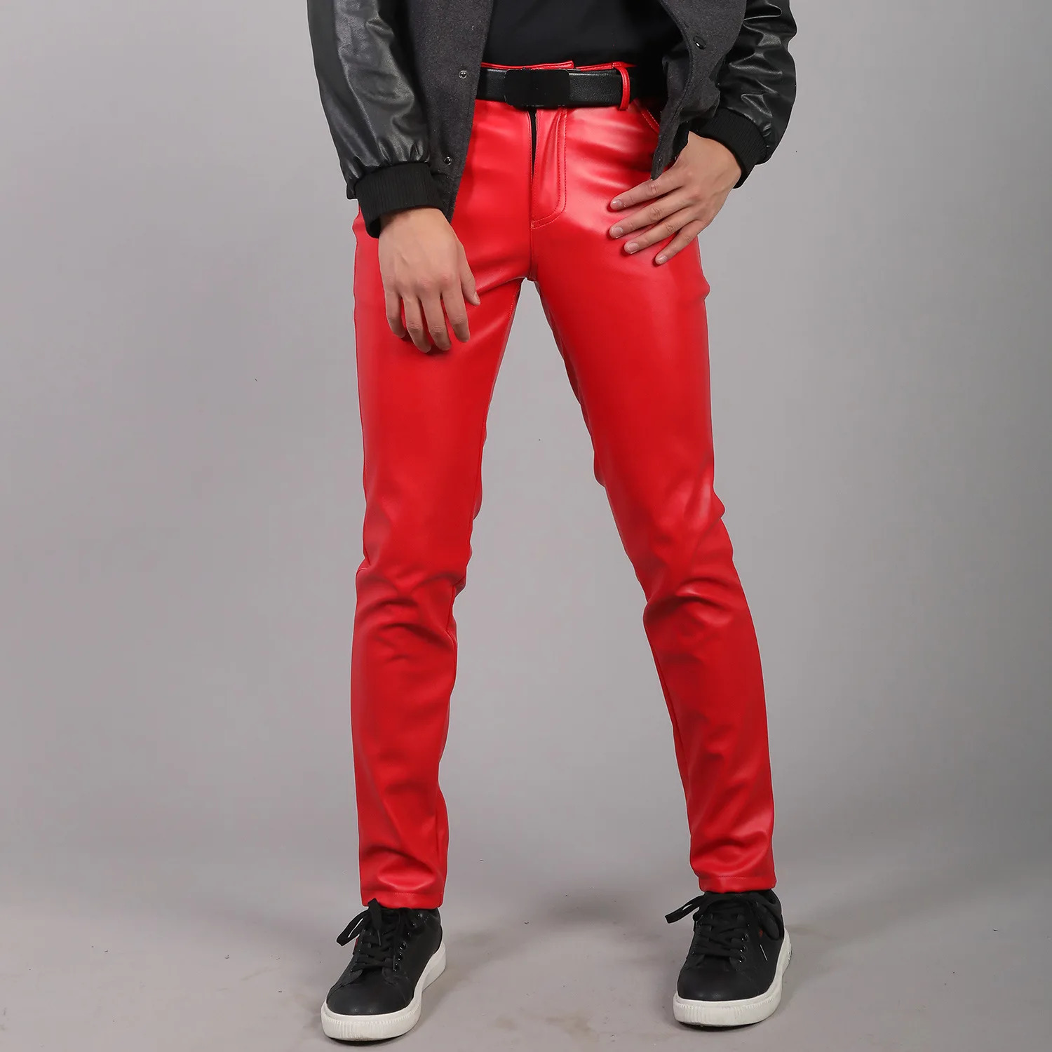 16 colors Biker Leather Pants Mens Fashion Slim Stretch PU Pants Red Blue Black Gray Men Pant Plus Size 28-36 38 40 240712