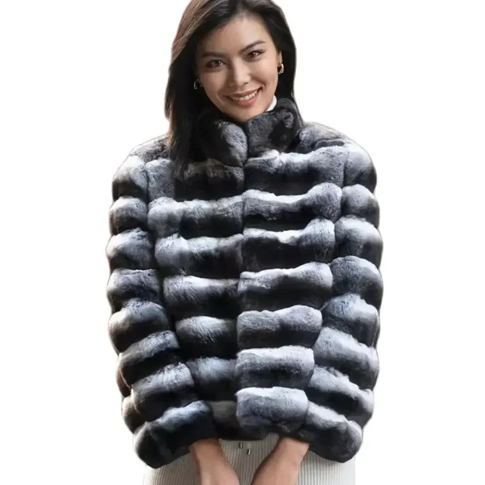 Womens Chinchilla Striped Jacket Real Rex Rabbit Fur Allinone Coat Length 60cm Package Mail Winter Thic 240712