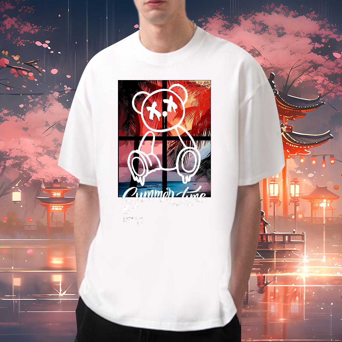 New T-Shirts for Men Graffiti Art 100% Cotton 230g Black Oversized Men Tops Tees Home Outdoor Breathable Crew Neck Cotton Loose Fit Wear