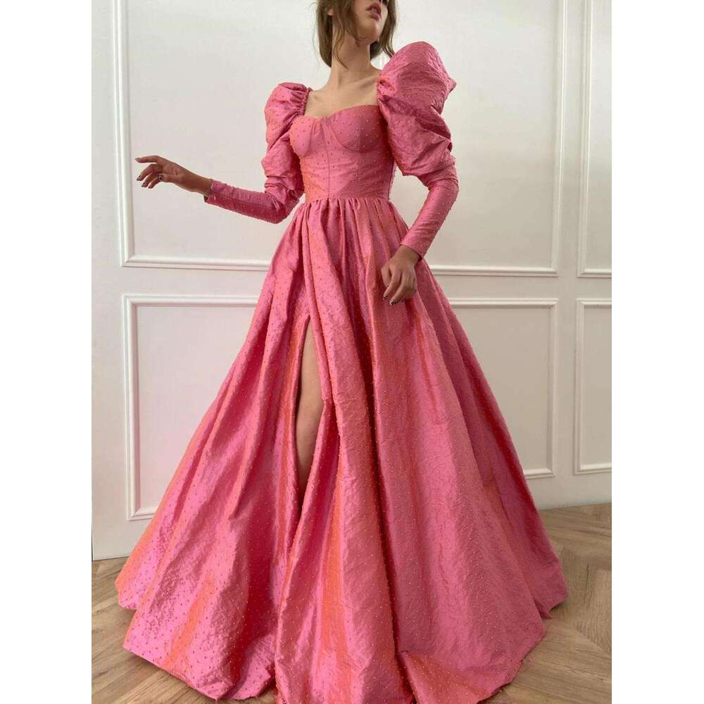 Peals Beaded Pink Evening Dresses Longsleeves And Split Open Skirt Party Gown Taffeta Puffy Prom Dress Vestidos Robe De Soiree