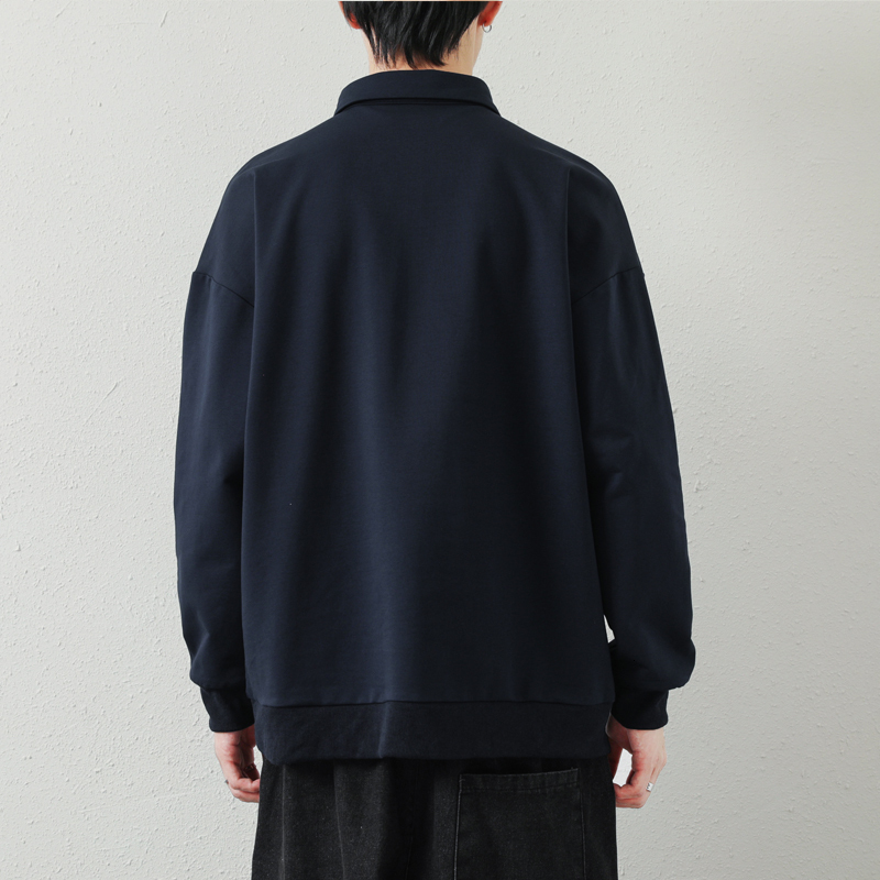 Autumn new long sleeved polo shirt top, solid color versatile cotton base shirt, lapel sweatshirt, men's pullover