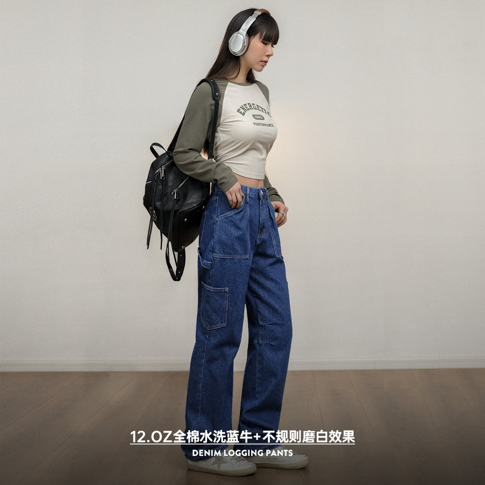 Maden Women Washed Denim Straight Wide-Leg Multi-Pocket Long Trousers Cargo Pants Women's Baggy Blue Jeans