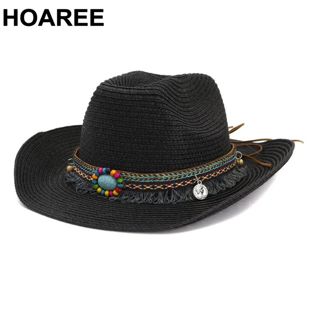 HOAREE Cowgirl Cowboy-Hat Sombreros Western Cap Wome -Straw Jazz Ethnic Style Beige Summer Beach Straw Sun Hats 240713