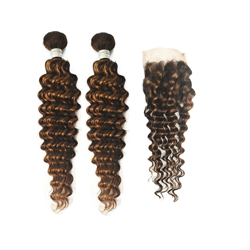 Peruvian Brazilian Virgin Hair Double Wefts P4/27 Piano Color Deep Wave 2 Bundles With 4X4 Lace Closure Free Part Baby Hair 3 PCS