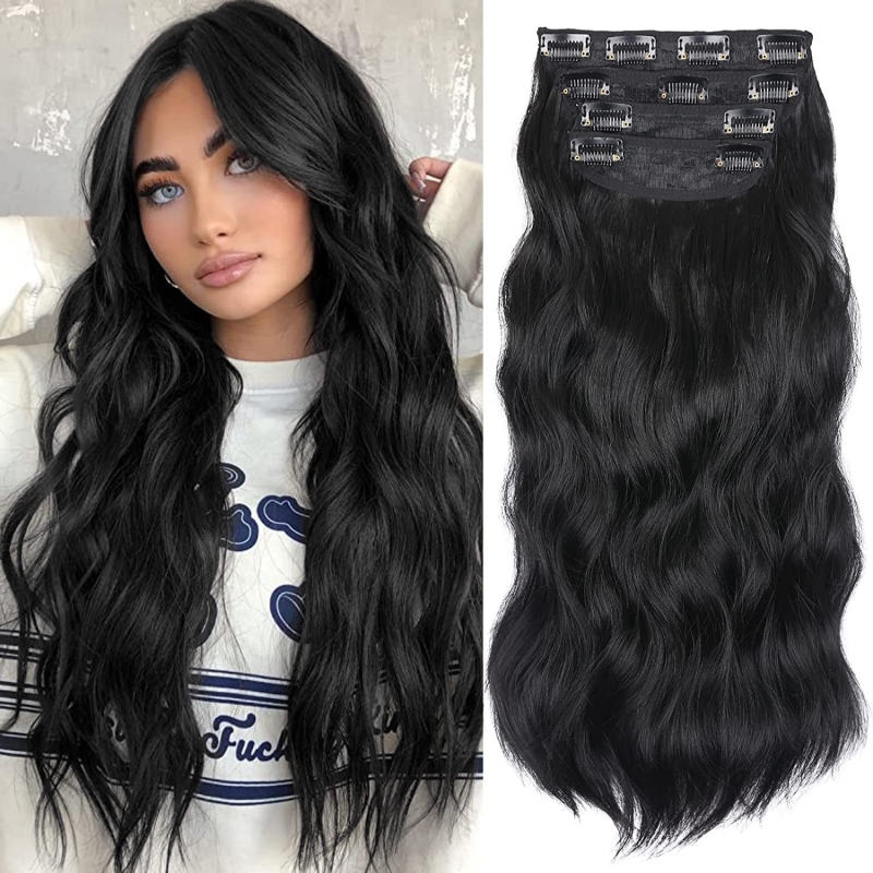 Synthetic Hair Clip In On Hair Extensions Wave 4 pieces/set High Temperature Fiber 190g 1B# 22/60# 4# 6# Color 24inch