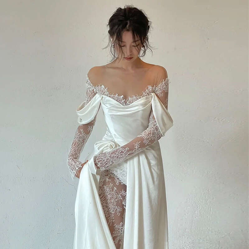 Satin Dresses With Small Train Vintage Lace Bride Dress A-e Full Sleeve Boho Wedding Gowns Vestido De Noiva