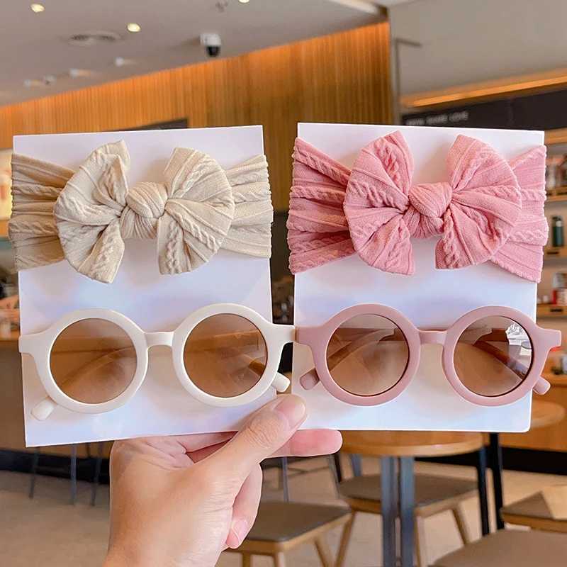 Sunglasses 2 Pcs/Set New Children Solid Color Cotton Bowknot Wide Hairband Round Sunglasses Set Baby Girls Sunglasses Kids Hair Accessories