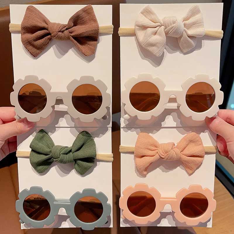 Sunglasses 2Pcs/Set Boys Girls Fashion Square Edged Sunflower Sunglasses UV400 Colors Cute Soft Bowknot Headbands Set Kids Hair Accessories