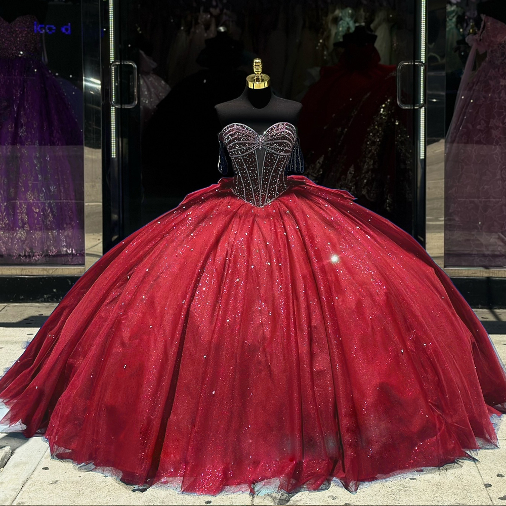 Glitter Quinceanera Dresses 15 Sweet Prom Dress Off the Shoulder Crystal Ball Birthday Party Gown Beaded Sequin vestidos de quincenaera