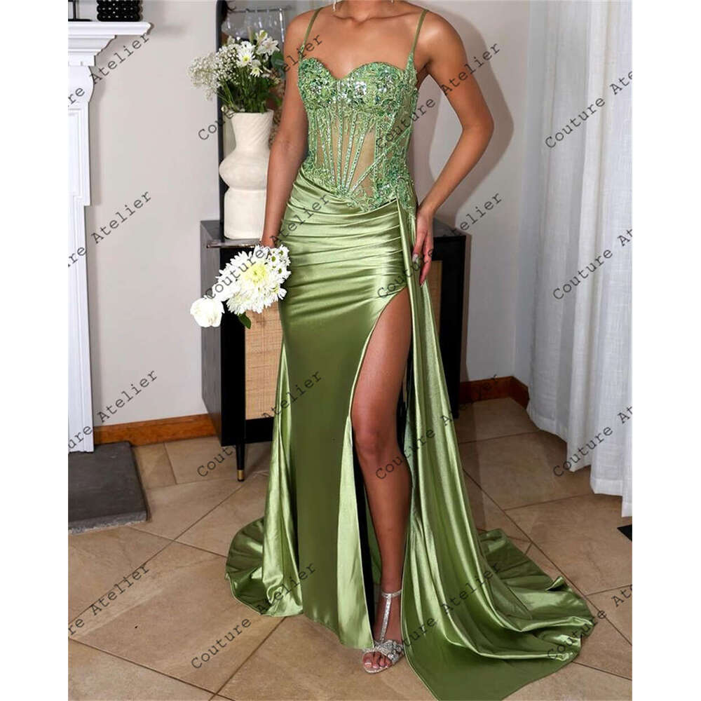 Green Sage Spaghetti High Split Prom Dresses For Black Girls Mermaid Elegant Dress Special Party Formal Gowns Satin Arabic Mal