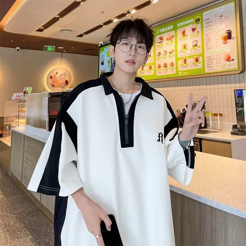 Academy style Polo shirt for men's summer trend, contrasting color top, loose large casual half zippered short sleeved T-shirt