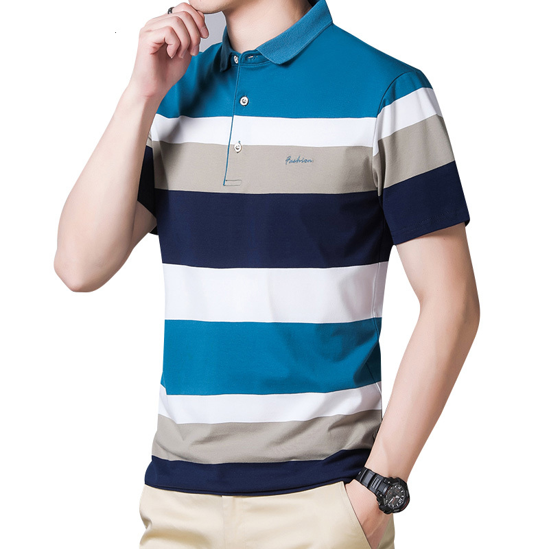 New wrinkle resistant men's flip collar ice silk short sleeved Polo shirt quick drying plus size loose striped business top