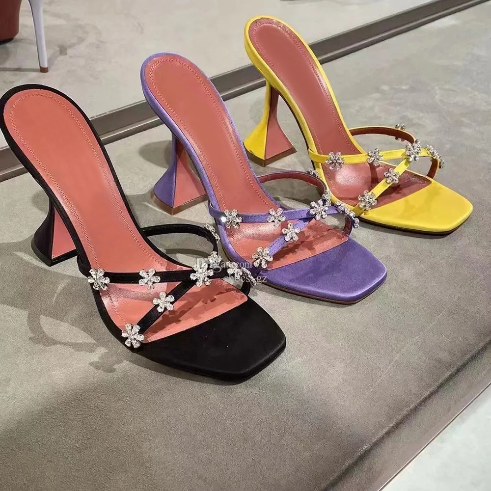Crystal petal Women's high heel sandals real silk cross strap slippers mules shoes Rhinestone spool Heel women heels Luxury Designers sandals 35-42