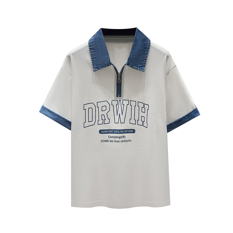 2024 summer new denim patchwork half zipper sweet and cool college style fashionable loose short sleeved T-shirt for women