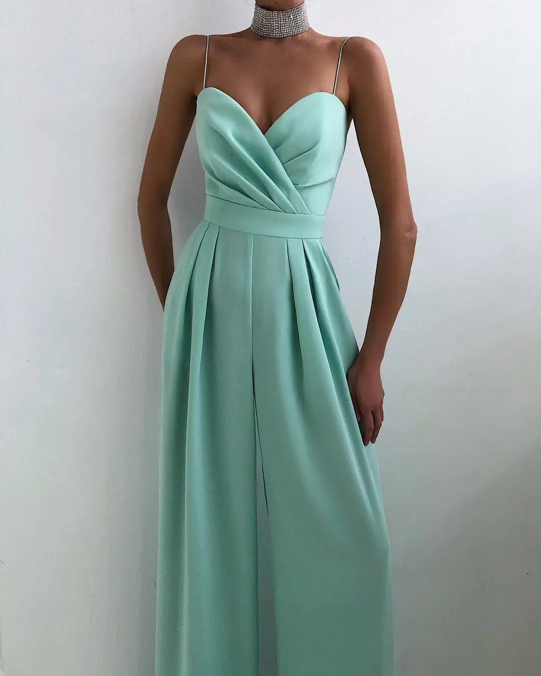 Chic Spaghetti Straps Wide Leg Pants Jumpsuits Elegant Fashion Women Ladies V-Neck High Waist Long Rompers Sleeveless Suit 240715