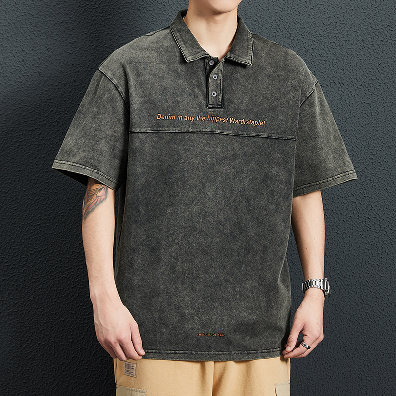 Summer new short sleeved shirt trendy brand washed pure cotton polo collar t-shirt top
