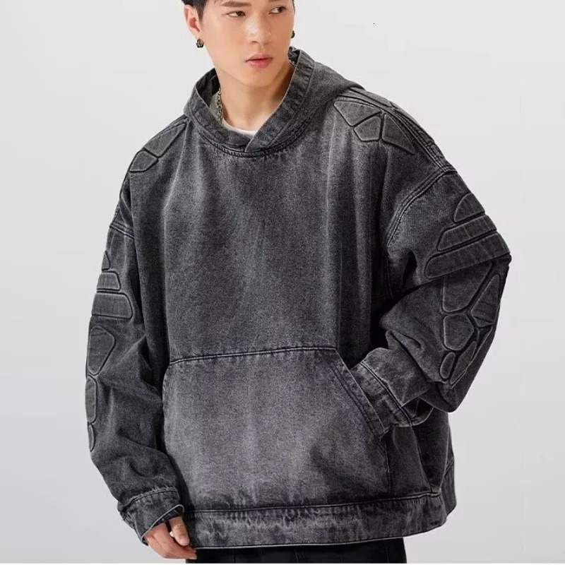 Denim Hooded Jacket Men Women Convex Turtle Shell Pattern Loose Casual Vintage Sweatshirt Coat Street Washed Denim Pullovers 240712