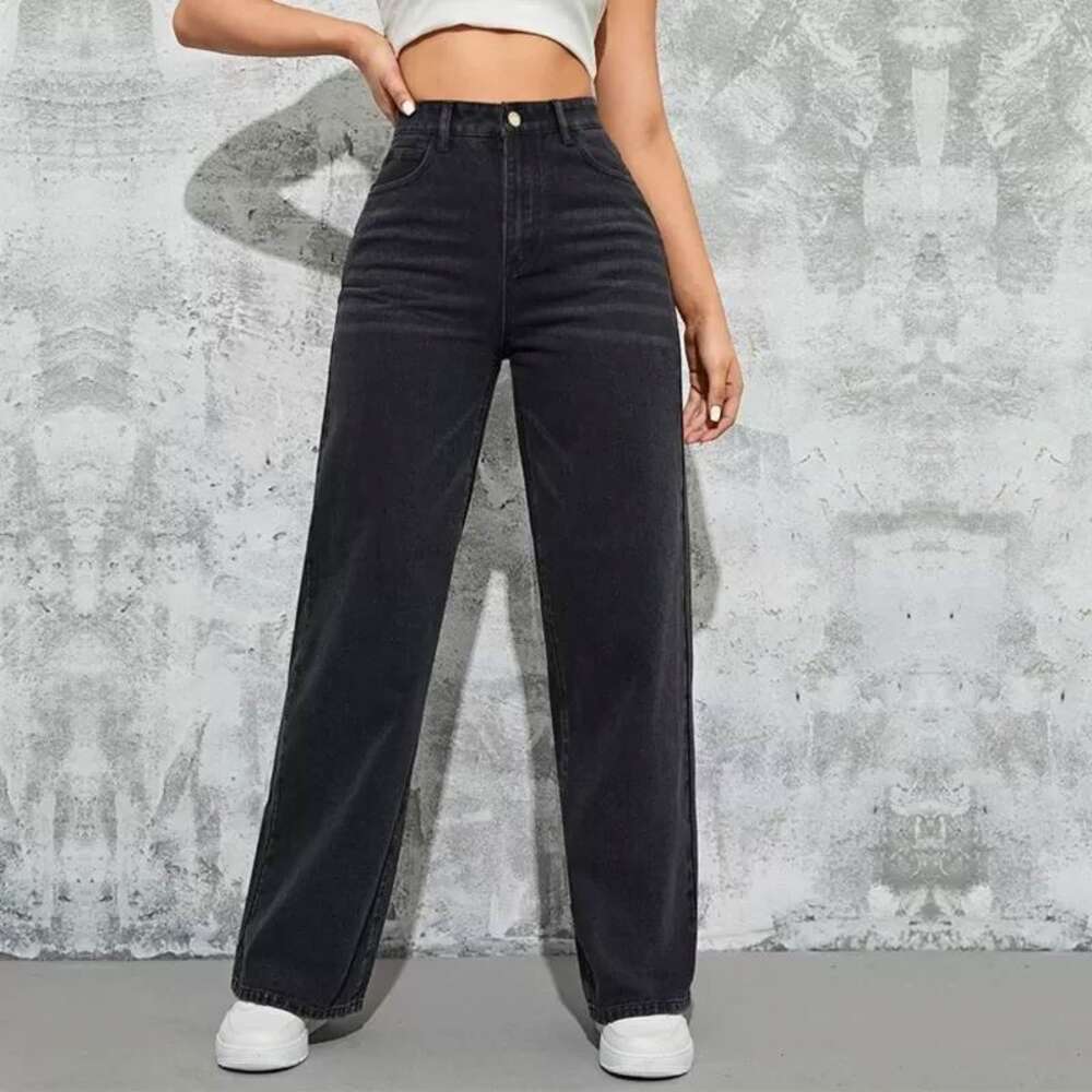 women's washed blue high-waisted fashion casual hot wide-leg jeans